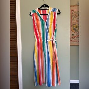 Vintage 1970s 1980s Multicolored Rainbow Striped Wrap Style Midi Summer Dress